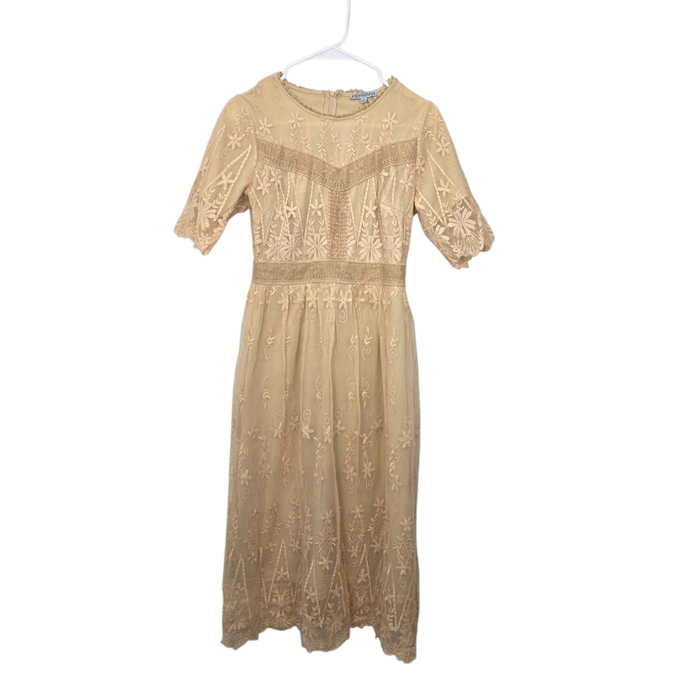 FEHRNVI Tan Lace Overlay Cottagecore Coquette Romantic‎ Midi Dress Size Small